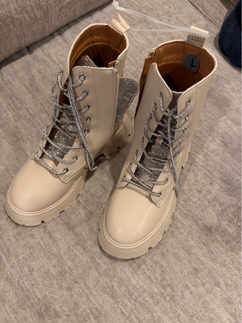Women’s Cream Combat Boots with Rhinestone Detail